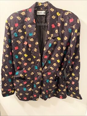 Anne Klein II Vintage Brown Blazer w/Graphic Print 100% Silk